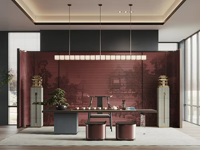 Traditional Modern Tea Room Interior Design With Red Wall Tea Table And Decorative Pillars 3d model