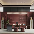 Traditional Modern Tea Room Interior Design With Red Wall Tea Table And Decorative Pillars