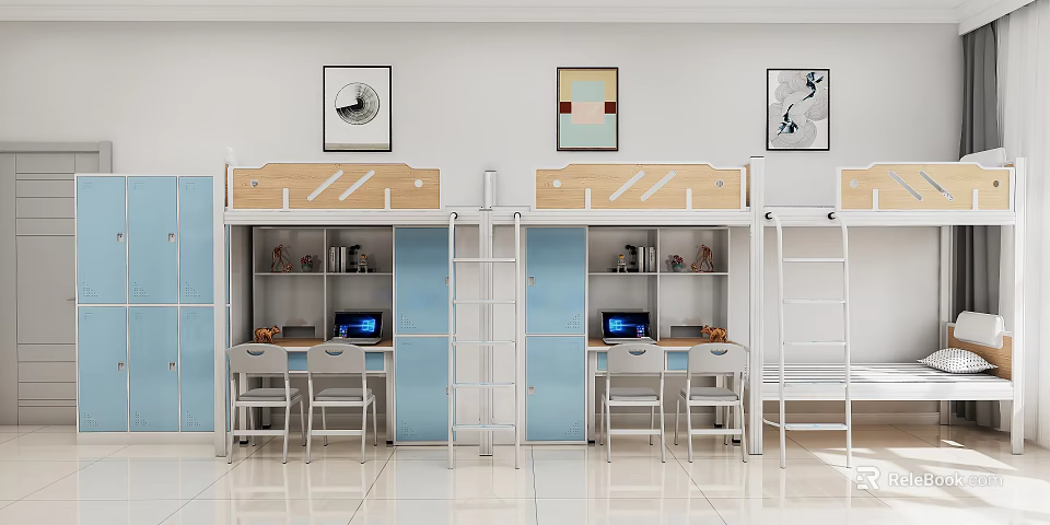 Modern Dormitory Interior With Bunk Beds Desks Lockers And Wall Paintings 3d model