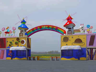 Colorful Amusement Park Entrance Gate with Rainbow Arch Mushroom Towers and Cartoon Decorations 3d model