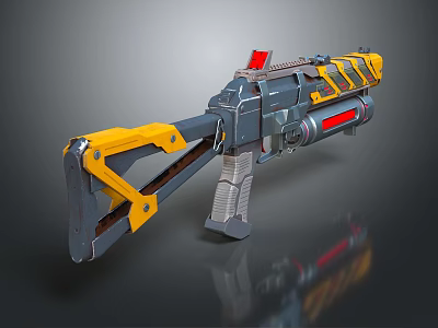 Futuristic Mechanical Weapon With Yellow Gray Body And Red Accent Details 3d model