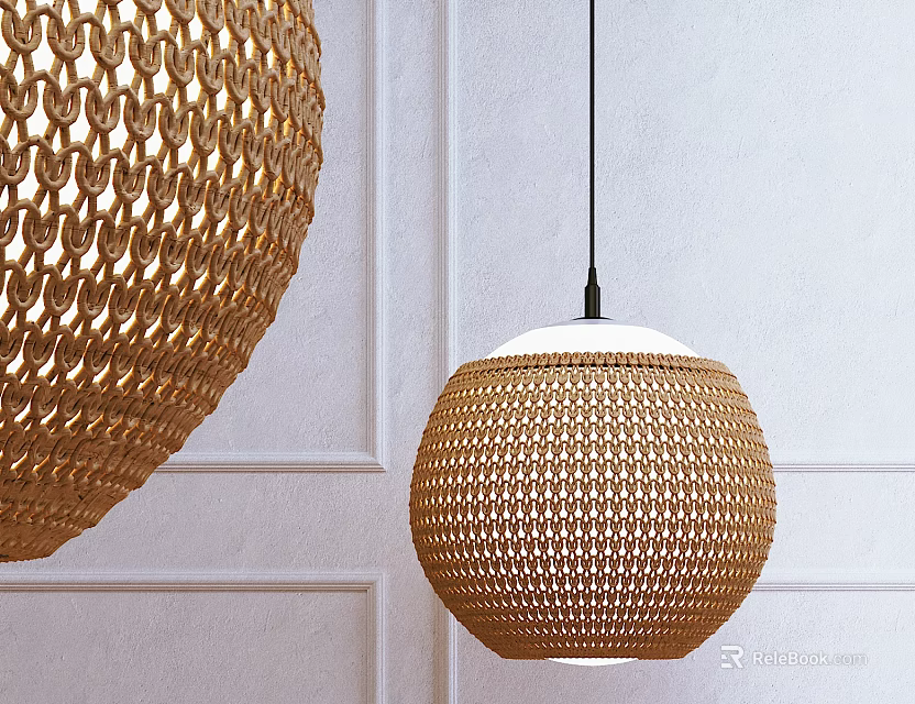 Elegant Woven Brown Round Pendant Light Hanging On White Wall Interior Design 3d model 