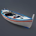 Traditional Wooden Boat With White Hull Blue Red Stripes Oars And Blue Seats