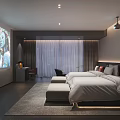 Modern Luxury Hotel Room Bathroom with Round Mirror Illuminated Light Strips Gray Walls Orange Stool