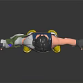 3D Male Warrior Character With Black Hair Blue Outfit Mechanical Arm And Yellow Shoes