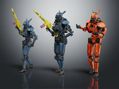 Colorful Sci-Fi Mecha Characters With Blue Orange Armor And Yellow Weapons 3d model