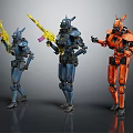 Colorful Sci-Fi Mecha Characters With Blue Orange Armor And Yellow Weapons