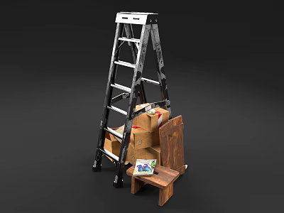 Essential Household Supplies Including Folding Ladder Cardboard Box And Wooden Stool 3d model