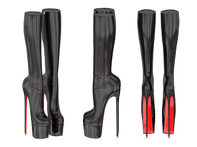 Fashionable Black High Heel Knee High Boots With Shiny Patent Leather And Red Heels 3d model