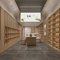 Traditional Tea Shop Interior With Wooden Shelves Tea Sets Stone Counter And Stools
