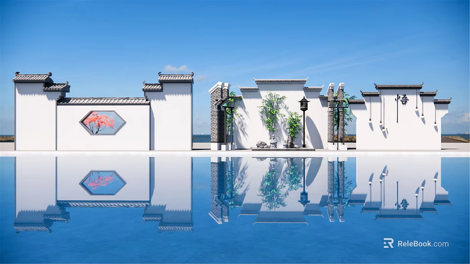 Chinese Style Scenic Wall With White Walls Hexagonal Window Red Decoration And Pool Reflection 3d model 