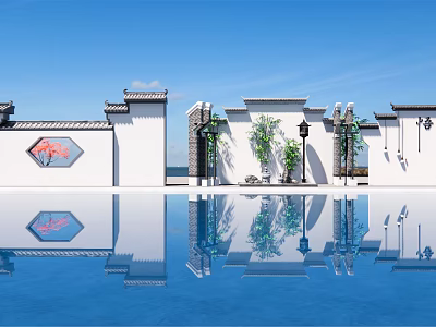 Chinese Style Scenic Wall With White Walls Hexagonal Window Red Decoration And Pool Reflection 3d model