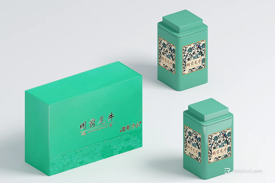 Elegant Green Tea Packaging Boxes With Patterned Design Decorative Ornament Set 3d model