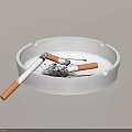 Round White Ashtray With Cigarette Butts And Ash On White Background