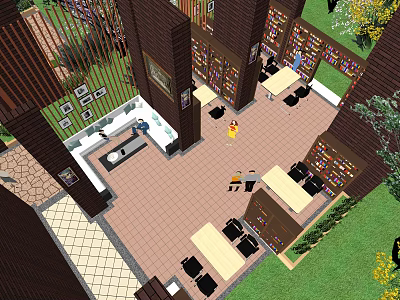 Cozy Indoor Leisure Area With Tables Chairs Bookshelves And Green Plants 3d model