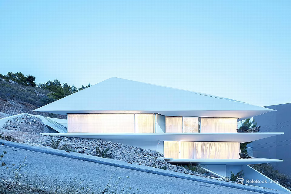 Modern Geometric Single Family Villa With White Roof Large Windows And Hillside Rocky Landscape 3d model 