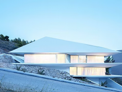 Modern Geometric Single Family Villa With White Roof Large Windows And Hillside Rocky Landscape 3d model