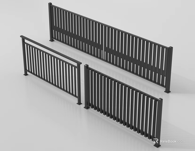 Modern Black Metal Railings With Vertical Slats For Balcony And Staircase 3d model 