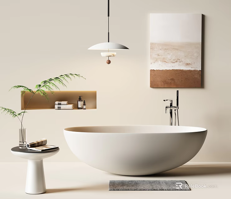 Minimalist Bathroom With White Bathtub And Decor Elements 3d model 