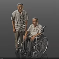 Two Elderly Men Standing And Sitting In Wheelchair With Light Colored Shirts Against Gray Background