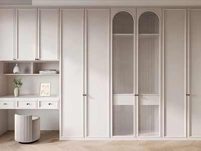 Modern White Wardrobe Interior With Glass Doors Paneled Design Side Table Vase And Wooden Floor 3d model
