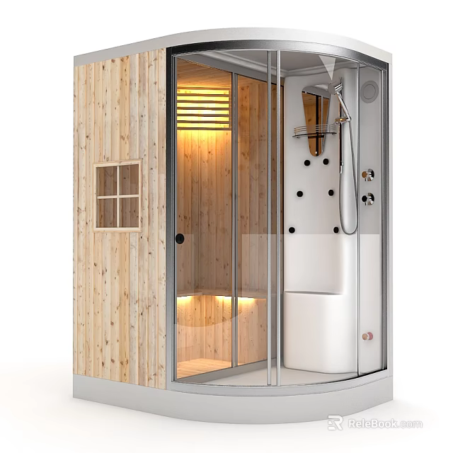 Wooden Shower Sauna With Glass Door And Interior LED Lighting Shower Unit 3d model 