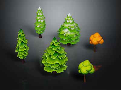 Different Types of Colorful Trees with Various Shapes and Green Orange Foliage 3d model