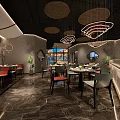 Traditional Chinese Restaurant Interior With Blue Walls Red Decor Pine Tree And Seating Area