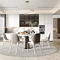 Modern Restaurant Interior With Round Dining Table Gray White Chairs Hanging Light Open Kitchen Cabinets 3d model