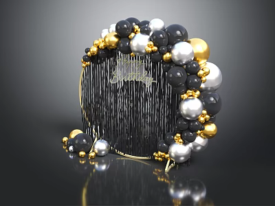 Luxurious Event Entrance With Black Gold Silver Balloons Gold Decorative Letters And Tassel Decorations 3d model