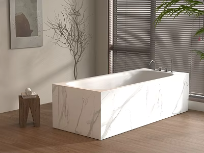 Luxurious White Marble Bathtub In Modern Bathroom With Wooden Floor Window Blinds And Decorative Stool 3d model