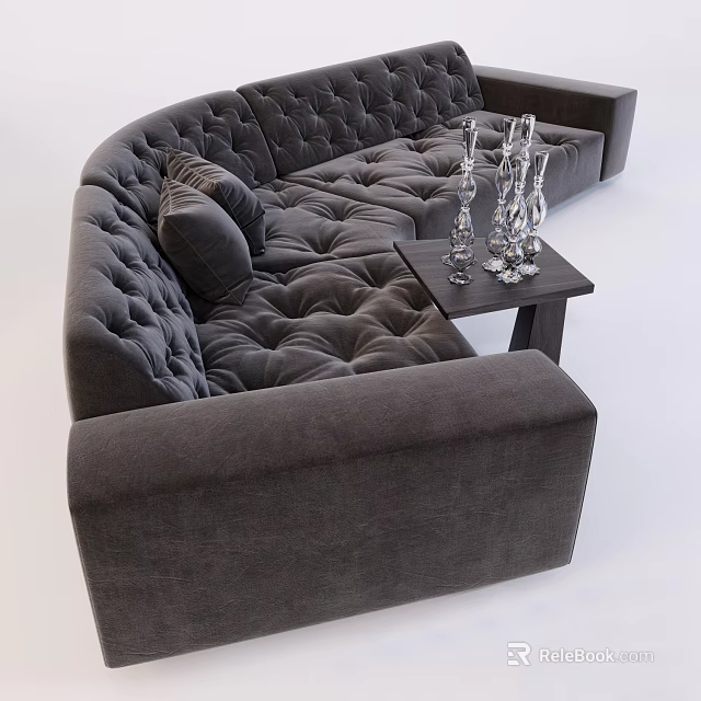 Dark Gray Curved Tufted Sofa With Cushions And Side Table Holding Glass Vases 3d model 