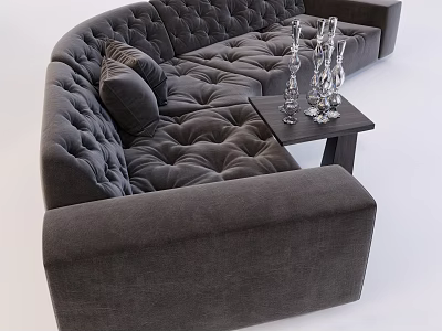 Dark Gray Curved Tufted Sofa With Cushions And Side Table Holding Glass Vases 3d model
