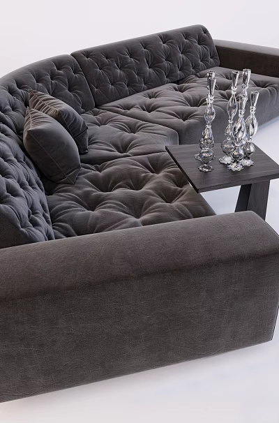 Dark Gray Curved Tufted Sofa With Cushions And Side Table Holding Glass Vases 3d model