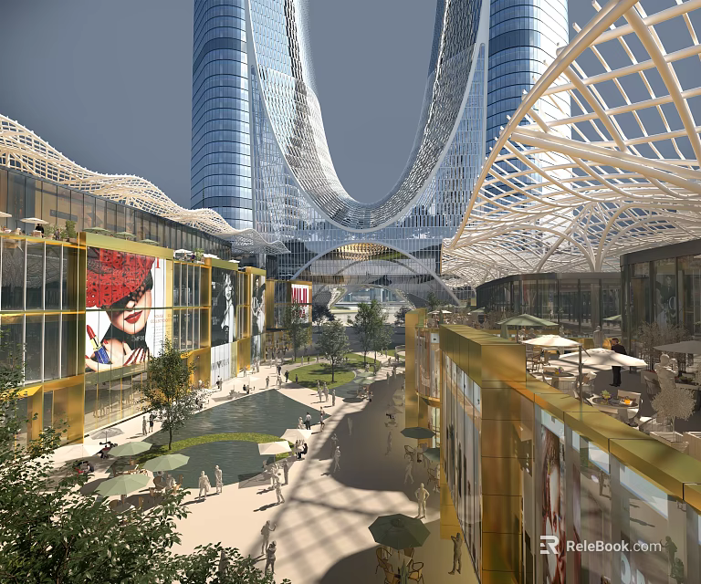 Modern Commercial Street Featuring Glass Facades Tall Buildings Open Roof Green Plants Outdoor Seating And Pedestrians 3d model 