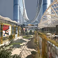Modern Commercial Street Featuring Glass Facades Tall Buildings Open Roof Green Plants Outdoor Seating And Pedestrians