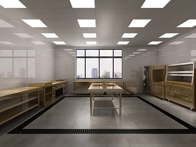 Bright Commercial Kitchen Interior With White Tiled Walls Wooden Workbench Metal Cabinets And Large Windows 3d model