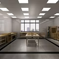 Bright Commercial Kitchen Interior With White Tiled Walls Wooden Workbench Metal Cabinets And Large Windows