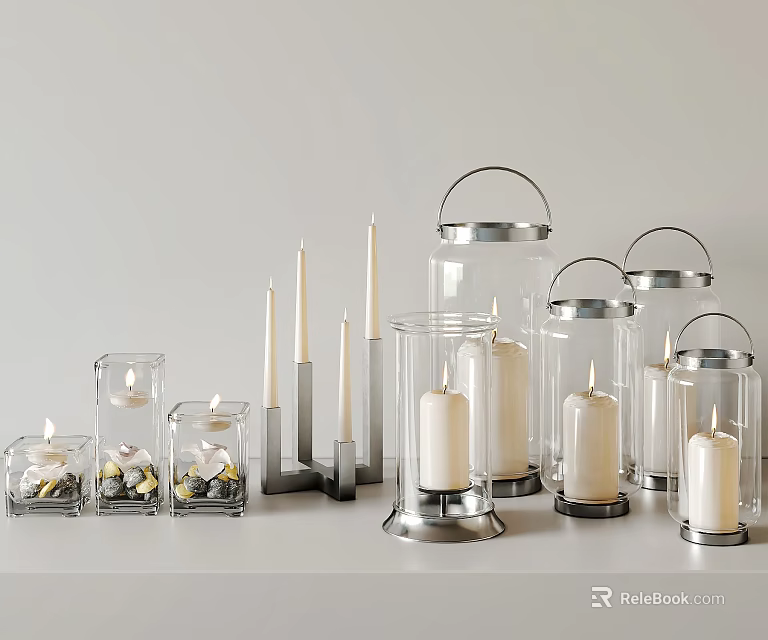 Stylish Kitchenware Display With Glass Metal Candle Lanterns And Lit Candles 3d model 