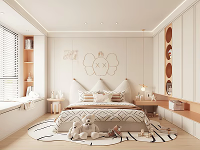 Cozy Kids Room Interior Design With Bed Pillows Stuffed Toys Rug And Wall Decor 3d model