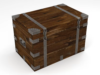 Wooden Storage Chest With Dark Brown Wood Grain Metal Straps Locks And Corners 3d model