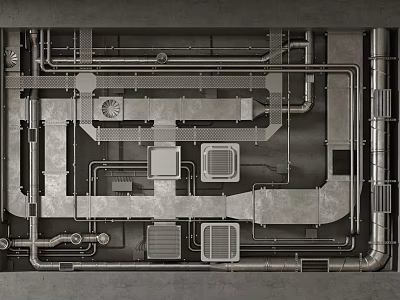 Industrial Ceiling Design With Exposed Pipes Metal Framework And Structural Details 3d model