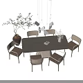 Modern Natural Wooden Dining Table Set With Rattan Chairs Pendant Lights And Potted Plant