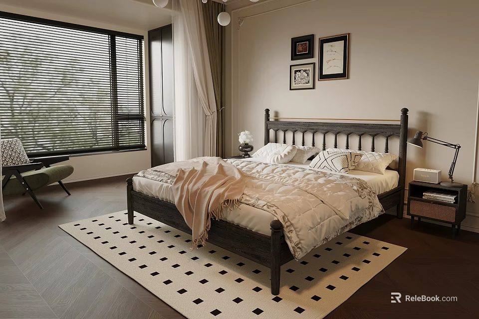 Elegant Bedroom Interior With Wooden Bed Black And White Checkered Rug And Framed Wall Art 3d model 