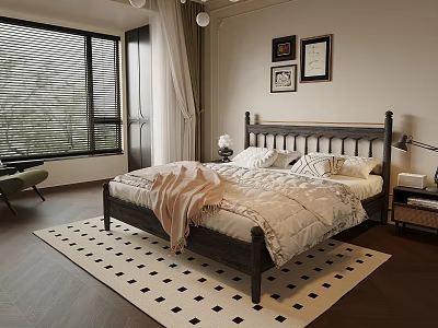 Elegant Bedroom Interior With Wooden Bed Black And White Checkered Rug And Framed Wall Art 3d model