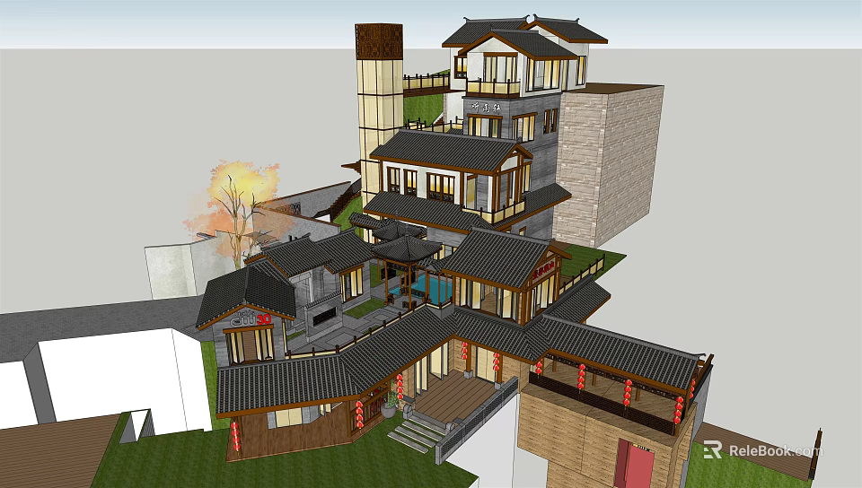 Chinese Traditional Detached Villa With Courtyard Multi Level Design And Overhanging Eaves 3d model 