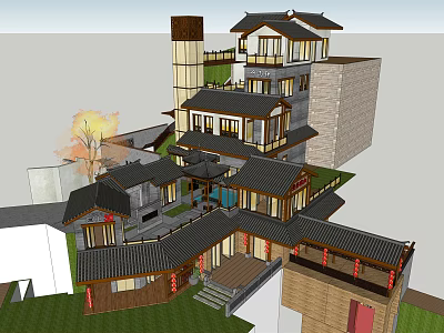 Chinese Traditional Detached Villa With Courtyard Multi Level Design And Overhanging Eaves 3d model