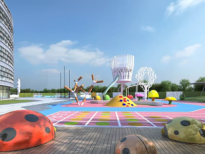 Outdoor Children's Play Area Featuring Colorful Patterned Surface Ladybug Shaped Elements And Slide 3d model