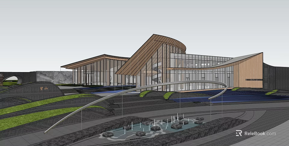 Modern Sales Office Building With Glass Curtain Walls Curved Wooden Roof And Landscaped Gardens 3d model 