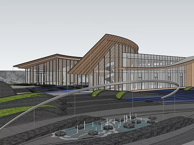 Modern Sales Office Building With Glass Curtain Walls Curved Wooden Roof And Landscaped Gardens 3d model